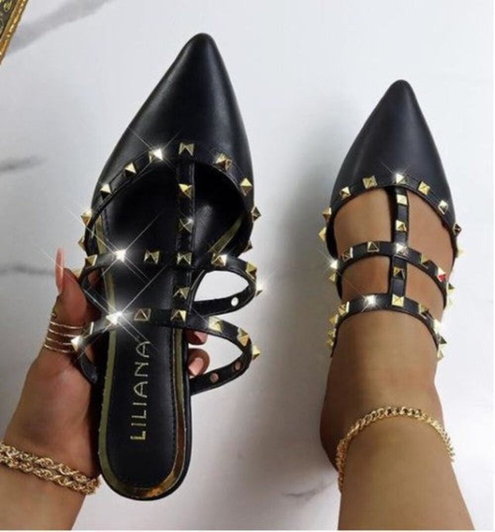 "Emily" Black Studded Mules